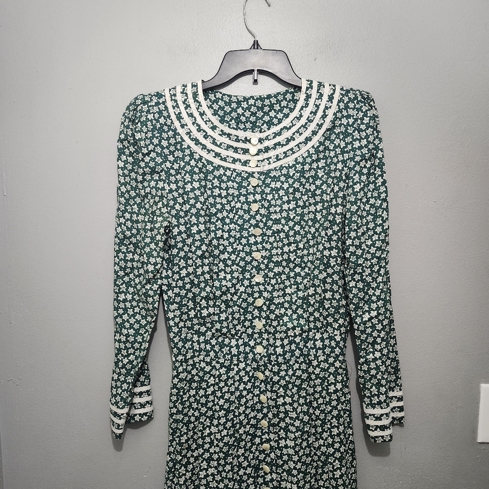 Kathie Lee Vintage Long Sleeve Button Down Floral Midi Dress Size 8 Green - Picture 2 of 12